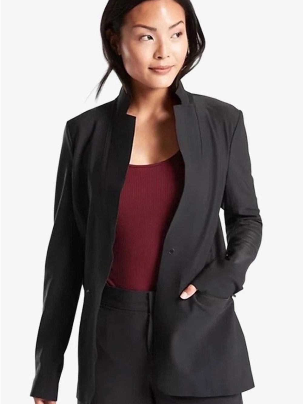 Athleta Interstellar Black Open-Front Blazer with Stand Collar, Sz 8
